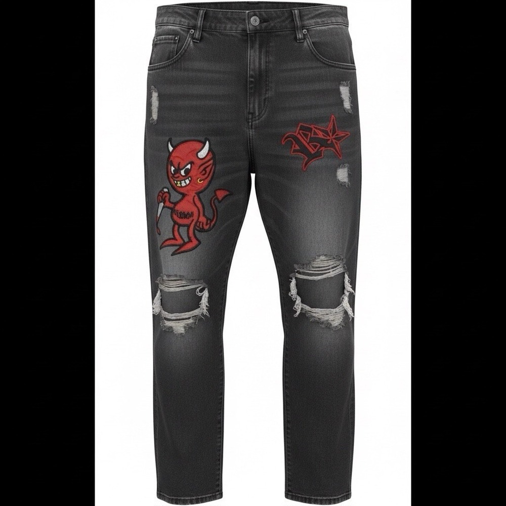 Men's Denim Straight Men's Jeans Black Distressed Embroidered Devil Graphic‎